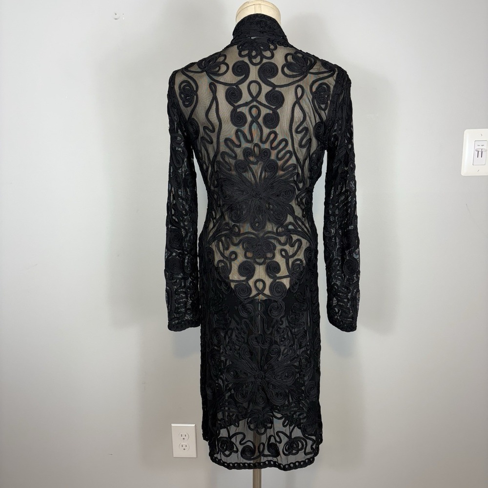 Cache Y2K Black Soutache Mesh Duster Cardigan Lace Sheer Button Front M Gothic - Picture 9 of 11